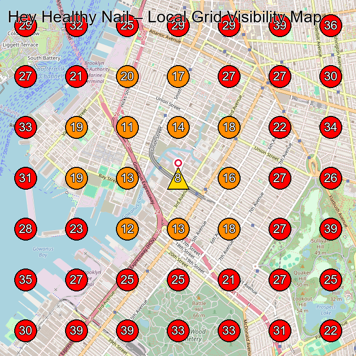 Hey Healthy Nail GeoGrid visibility map for Nail Salon in Brooklyn